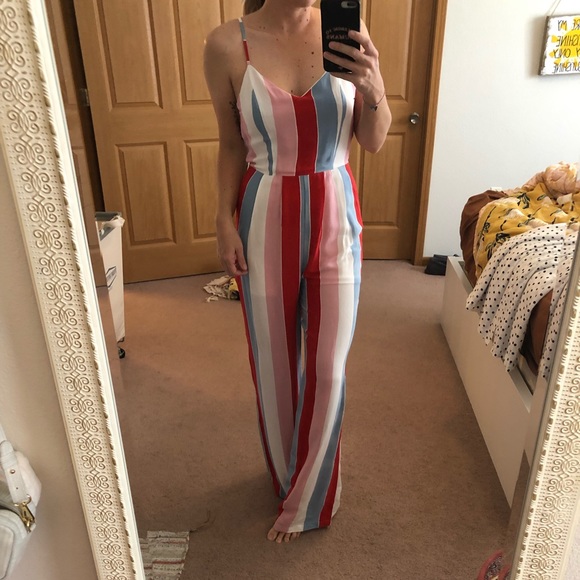 pink and blue striped jumpsuit